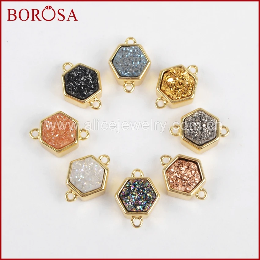 

BOROSA 10PCS Hexagon Drusy Gold Color Bezel Natural Stone Titanium Rainbow Druzy Connector Double Bails for DIY Jewelry ZG0138