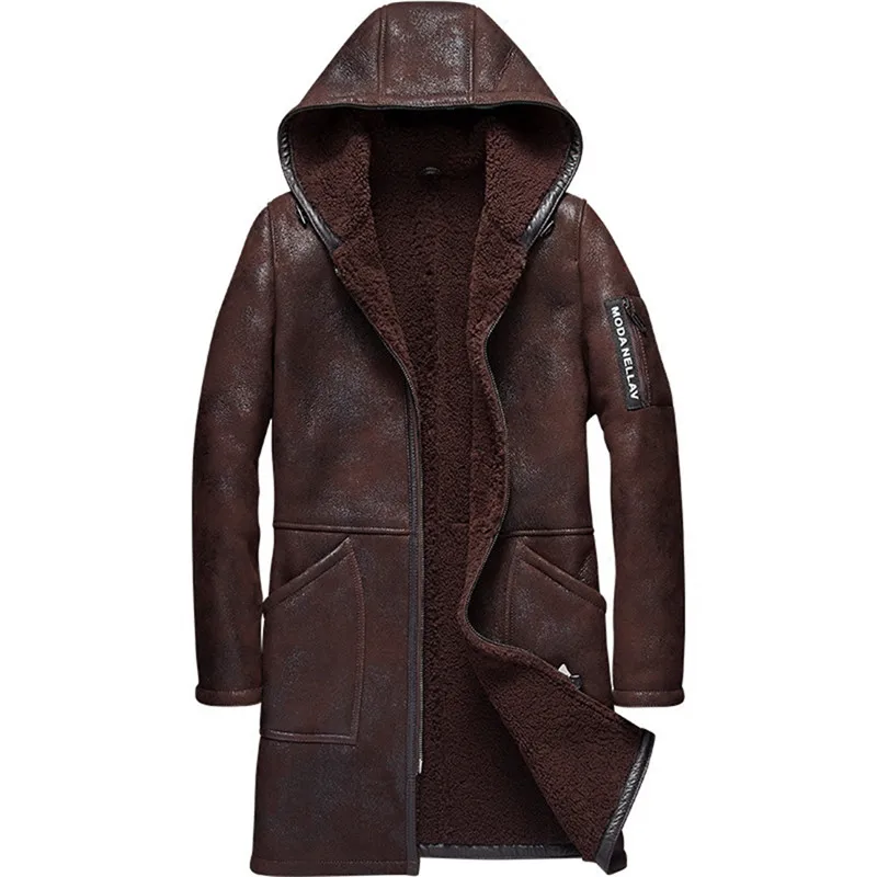 

Denny&Dora Hooded Mens Shearling Coat Mens Fur Coat Long Style Business Casual Sheepskin Leather Jacket