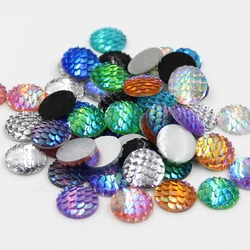 New Fashion 50pcs 12mm Mix Colors Mermaid Fish Scale Style Flat Back Resin Cabochons For Bracelet Earrings Patch Accessories