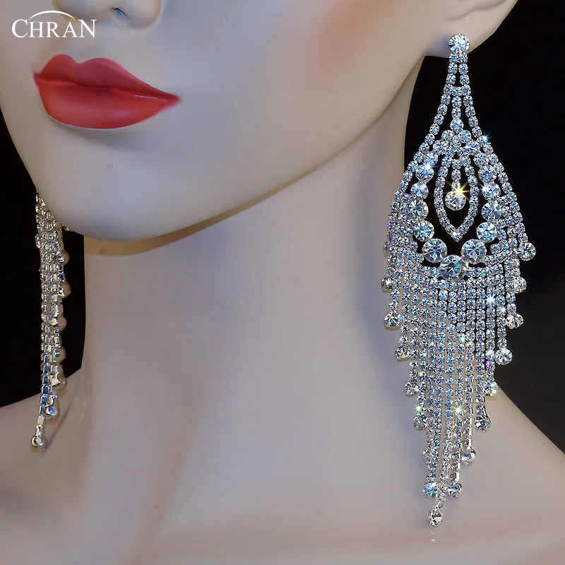 CHRAN Fashion Brand Exaggerated Jewelry Shinning Crystal Chain Tassel Rhinestone Long Earrings for Women Druzy Drop Earring