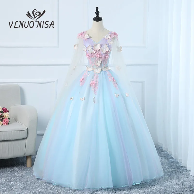 

2020 New Arrival Candy Color Evening Dress Butterfly Appliques Pattern Long Lace Cap Sleeve V-neck Sweet Princess Gown Party