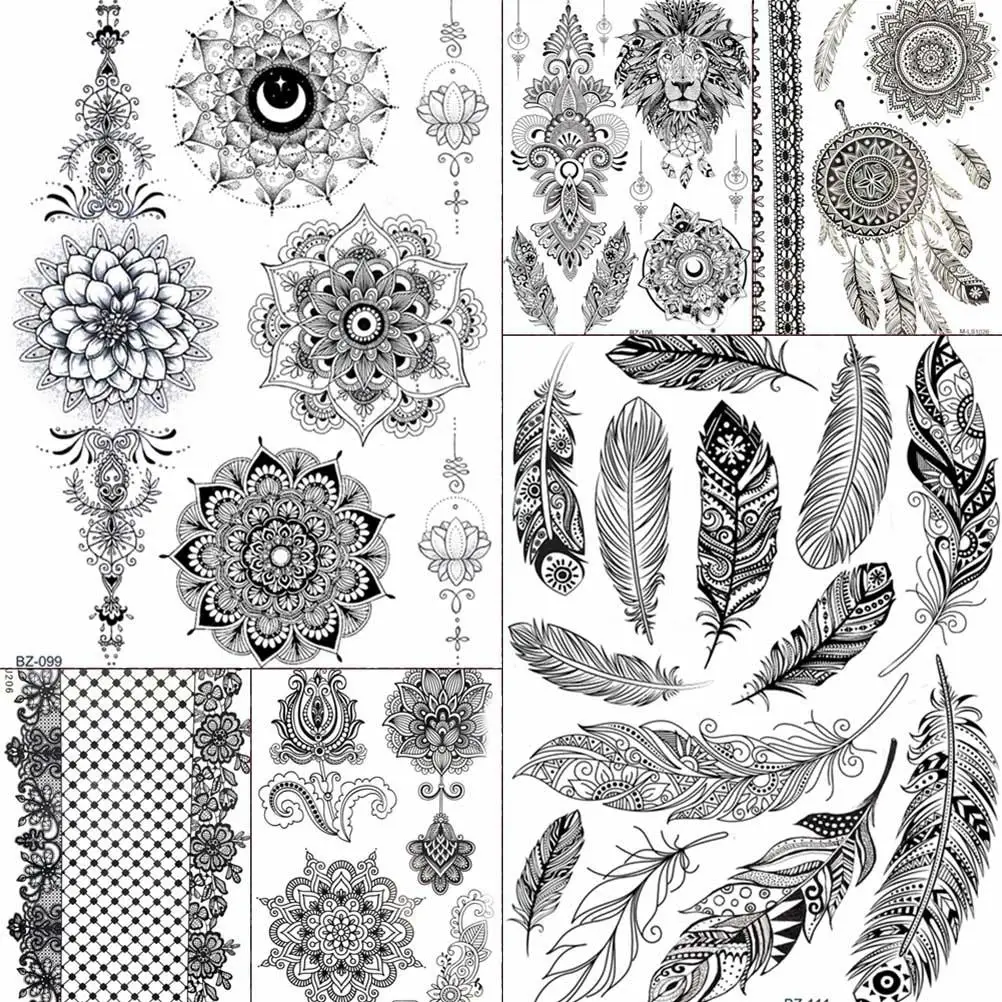 Sexy Black Feather Mandala Flower Henna Temporary Tattoos Stickers Women Girls Body Large Boho Tattoo Arm Fake Tatoo Wedding