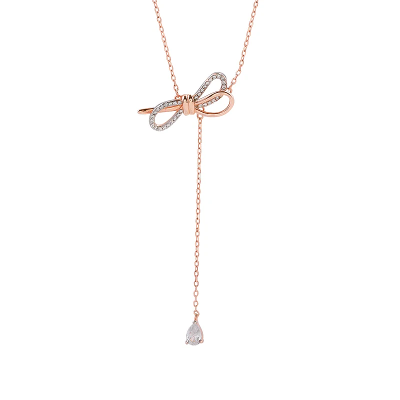 YUN RUO Rose Gold Color Creative Zircon Bow Adjustable Pendant Necklace Choker Titanium Steel Jewelry Never Fade DropShipping