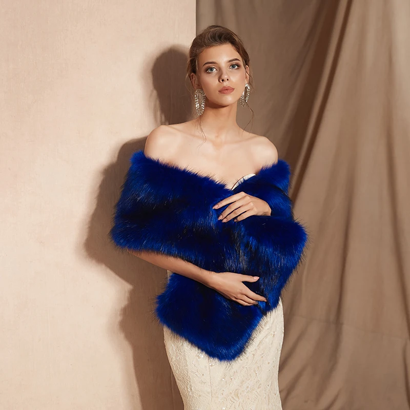 JaneVini Fashion Royal Blue Winter Faux Fur Shawl Bridal Wrap Cloak Women Bolero Fourrure Shrug Warm Outwear Wedding Accessories