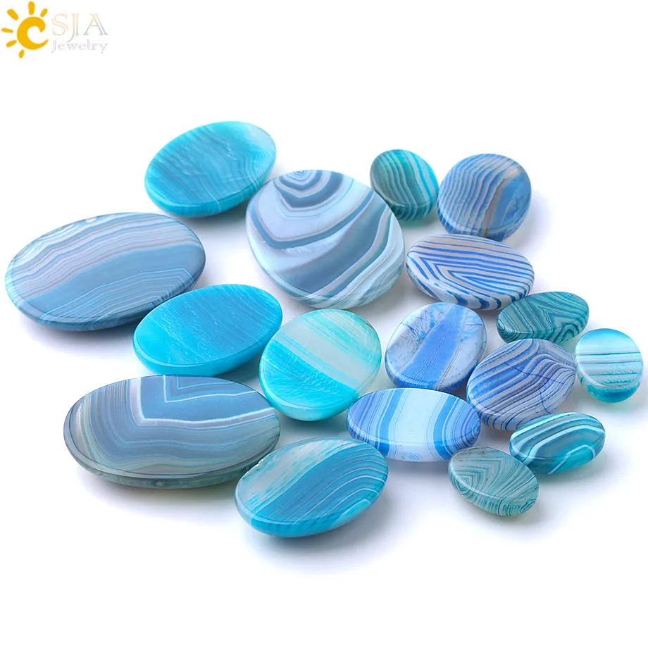 CSJA Oval Natural Stones Cabochon Base for Jewelry Making Blue Striped Agates Accessories DIY Women Rings Earrings 30X40 F809