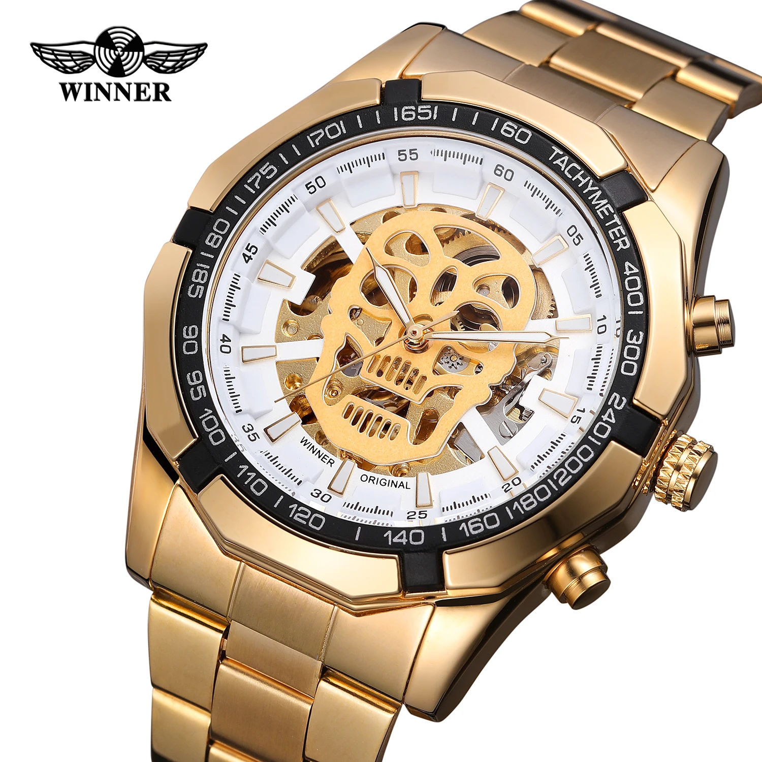 Fashion WINNER Top Steampunk Skull Auto Mechanical Watch Men Black Stainless Steel Strap Skeleton Dial Cool Design Wrist Watches