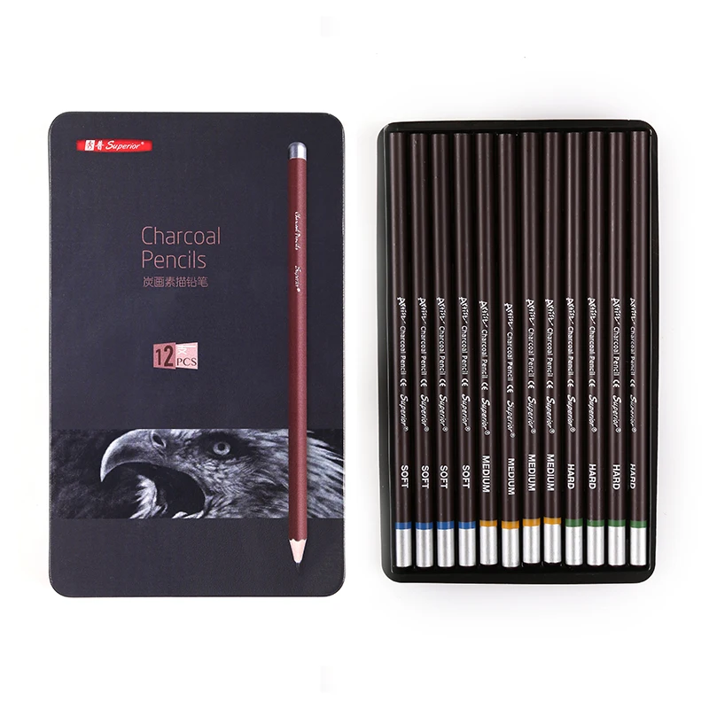 Superior 12Pcs Professional Hard Medium Soft Sketch Charcoal Pencils Drawing Pencils Set For School Standard Pencil Art Supplies