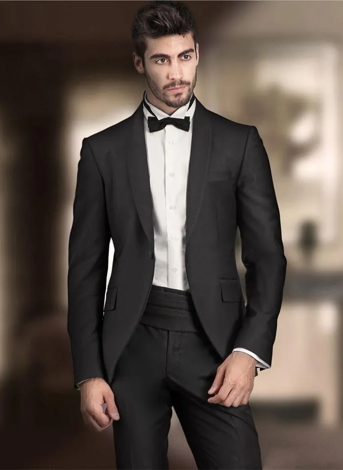 

High Quality Black Mens Suits Groom Tuxedos Groomsmen Wedding Party Dinner Best Man Suits (Jacket+Pants+Bow Tie) W:33