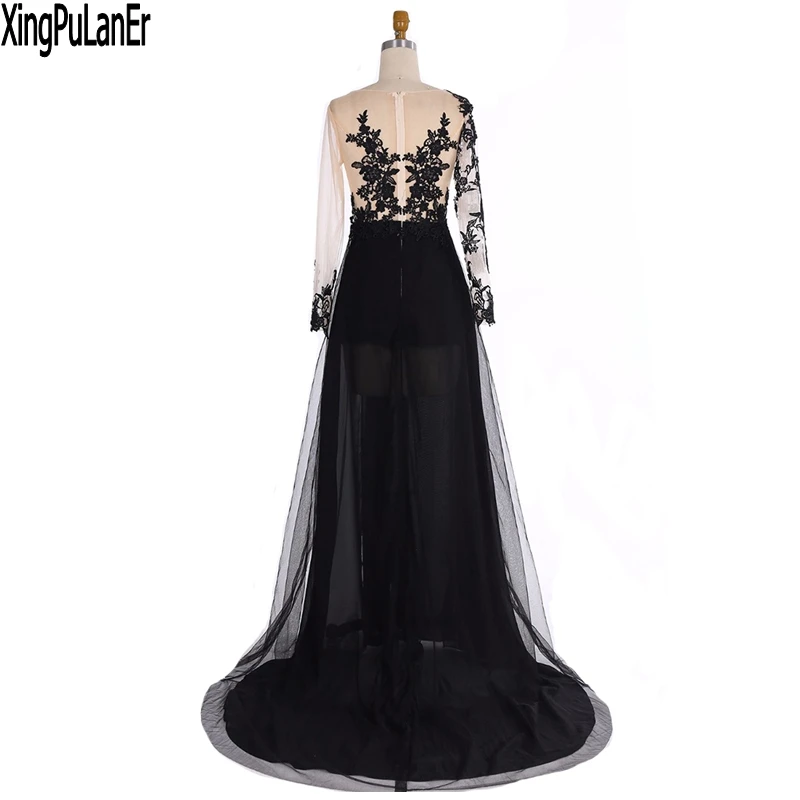 XingPuLanEr robe de soiree A Line Long Sleeves Lace Appliques Illusion See Through Long Prom Gowns Long Arabic Evening Dresses