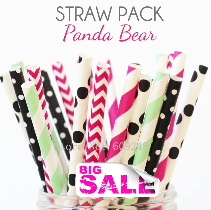 125 Pcs Mixed Colors Panda Bear Party Paper Straws,Deep Pink Stripe and Chevron,Mint Striped,Black Polka Dot amd Swiss Dot,Kids