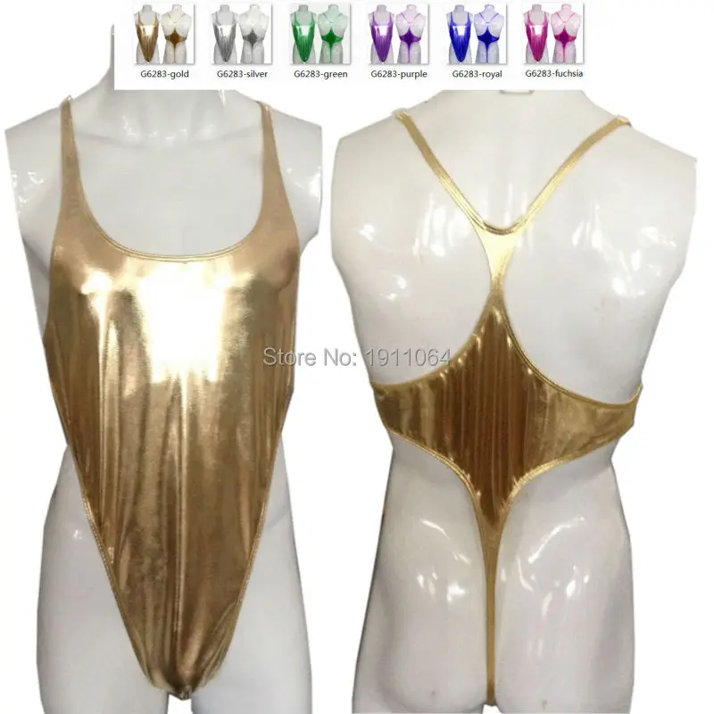 Mens G6283 Shiny bodysuit Thong Leotard Coated Metallic High Cut Racer Back