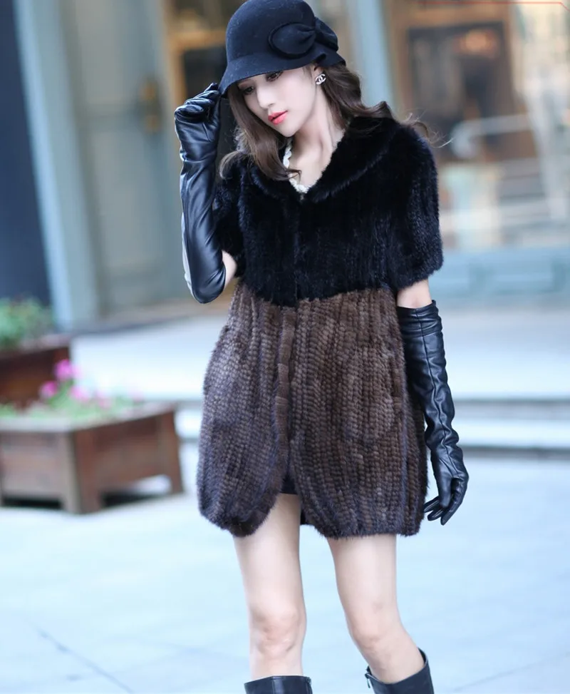 New women coat with genuine mink fur hand knitted warm autumn winter with pocket two-color casual 80cm long fur vest K151