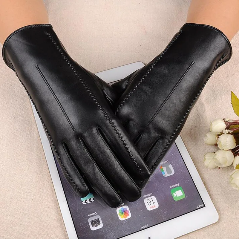 High Quality Leather Female Fashion Winter Plus Coral Velvet Warm Black Glove Women Driving Touch Phone Screen Glove Mittens L55