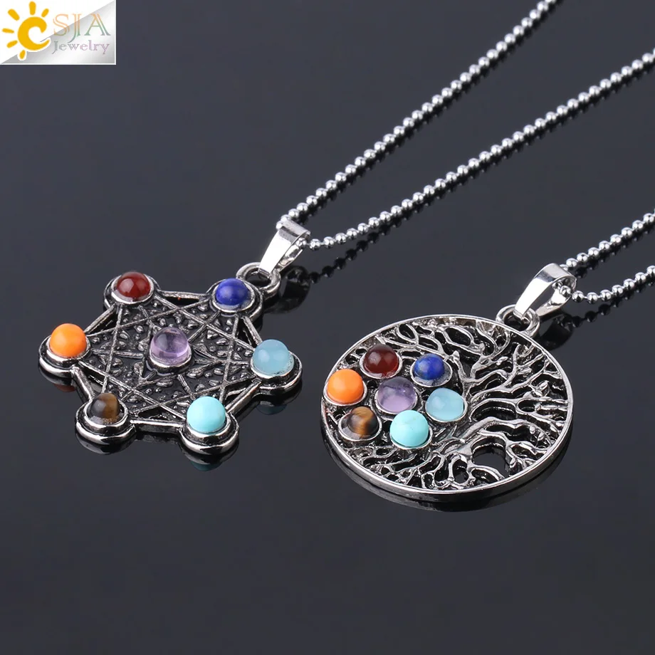 CSJA Merkaba Antique Silver Color Pendant Necklace Spiritual Reiki Religion Symbol 7 Chakra Life Tree Circle Charm Pendants F767