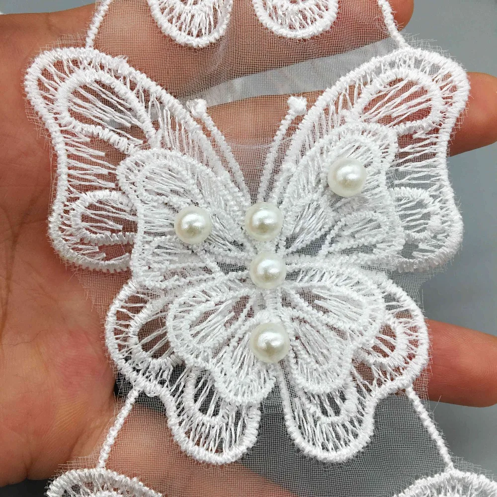 5Pcs Vintage White Organza Butterfly Fabric Lace Trim Beaded Dress Ribbon Pearl Edge Sewing Applique Wedding Dress DIY Craft