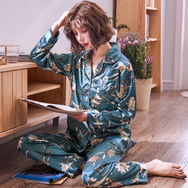 

Sleepwear Girl Spring Antumn Ice Silk Long Sleeve Lady Korean Edition Summer Housewear Women Two-piece Suit Soft Nightgown H5594