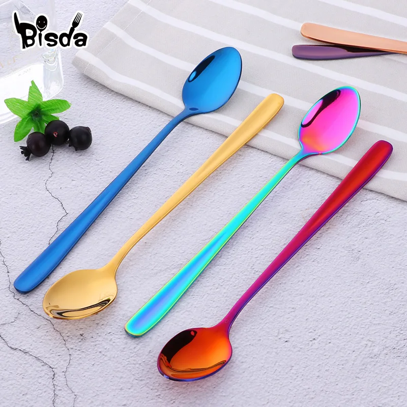 2Pcs Long Handle Ice Spoons Stainless Steel Dessert Spoon Colorful Stirring Honey Tools Drinkware Coffee Party Restaurant