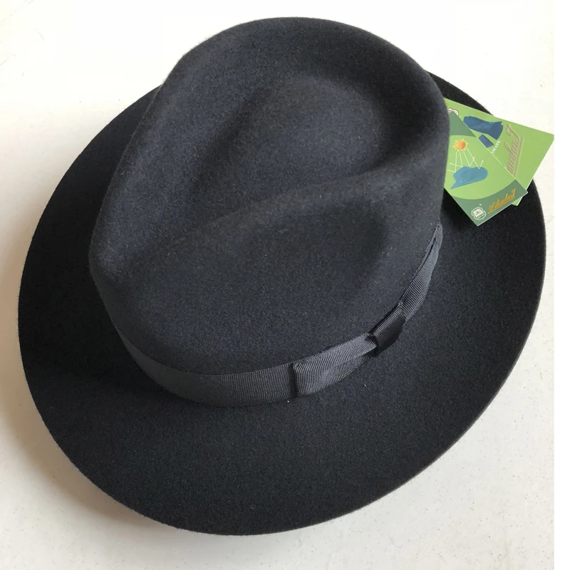 LIHUA Brand Men\'s Wool Felt Water Repellent Outback Fedora , Costume Accessory Gangster Black Pinched Hat with Grosgrain