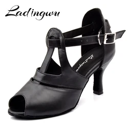 Ladingwu Black Genuine Leather Dance Shoes Woman Latin Comfortable Soft Bottom Salsa Dance Shoes Profession Ballroom Dance Shoes