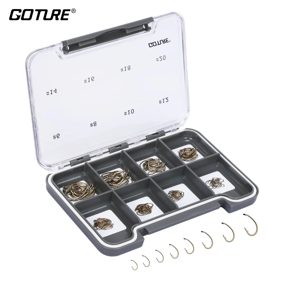 

Goture 120pcs/set Fly Fishing Hook High Carbon Steel Barbed Dry/Nymph Fly Tying Hooks Fishhooks with Magnetic Components Box