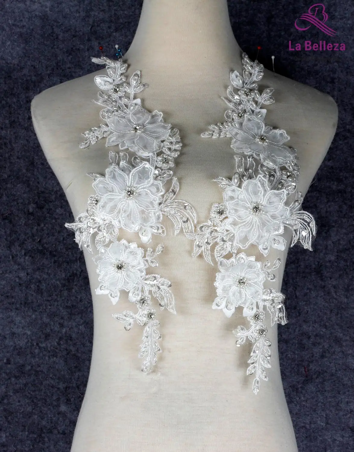 La Belleza new 2 pieces white handmade beaded 3D flowers appliques 40*15CM