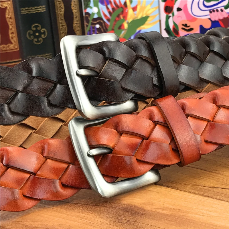 Ceinture en cuir tressé pour homme et femme, accessoire de haute qualité, fait à la main, de luxe, large, en cuir véritable, MBT0508