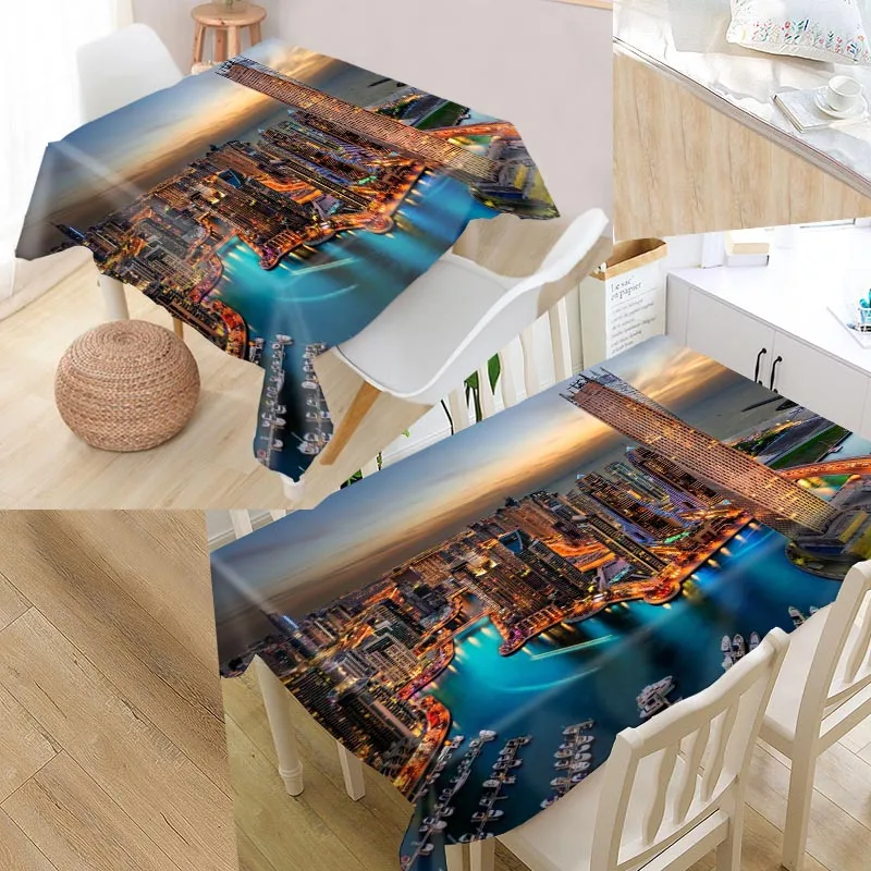 

New Arrival Custom Dubai Night Scenery Table Cloth Waterproof Oxford Fabric Rectangular Tablecloth Home Party Tablecloth