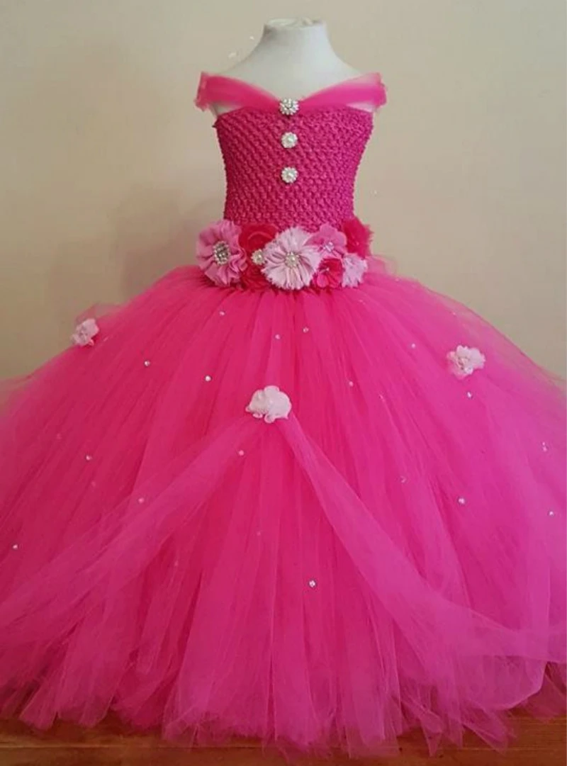 POSH DREAM Beautiful Hot Pink Princess Tutu Dress Kids Girls Ball Gown with Rhinestone Perfect for Weddings Flower Girl Dresses