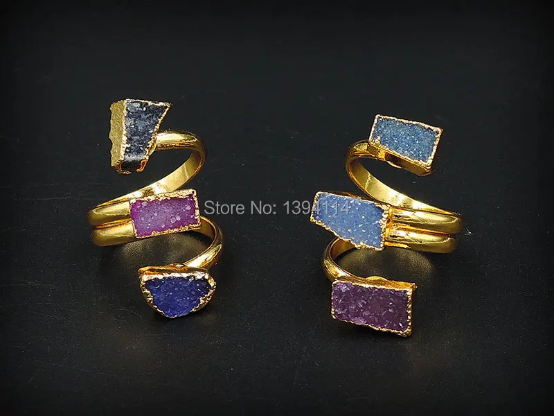 

Mixed Colors 3 Agate Druzy Combined Ring 24K Gold Plated Adjustable Approx 10mm