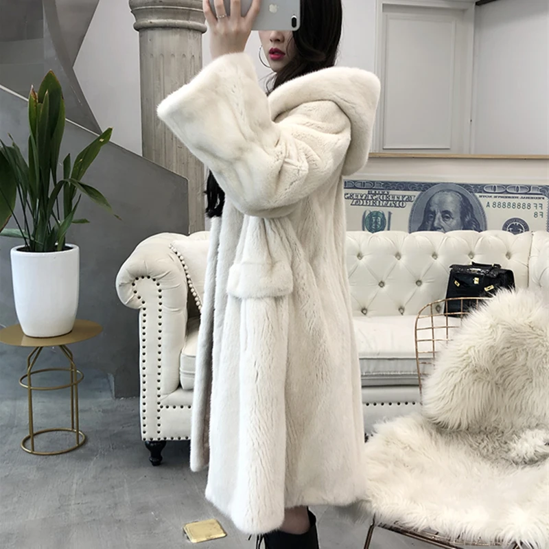 2023 Fashion Copenhagen Mink Whole Fur Women X-long Natural Real Girl Coat with Hood  Winter Thick Warm Female Mink Fur Jacket