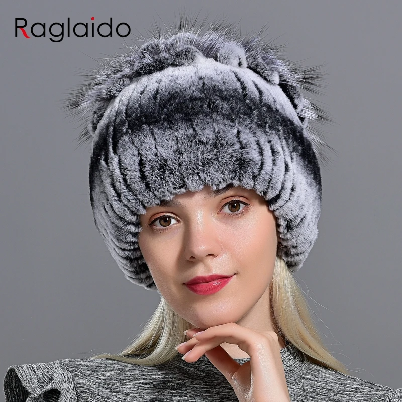 

Raglaido Fur Hats for Women Winter Real Rex Rabbit Hat Fox fur kniting female warm snow caps ladies elegant princess beanies cap