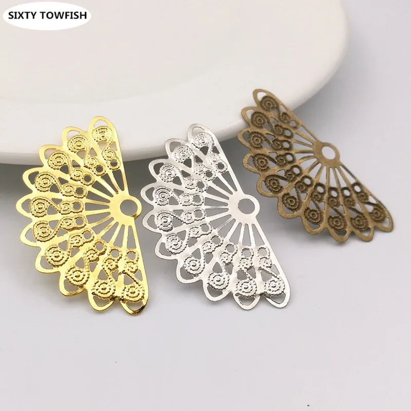 30 pcs/lot 21x37mm Gold color/Antique bronze/White K Metal Fan-shaped Filigree Flowers Slice Charms base Setting diy Jewelry