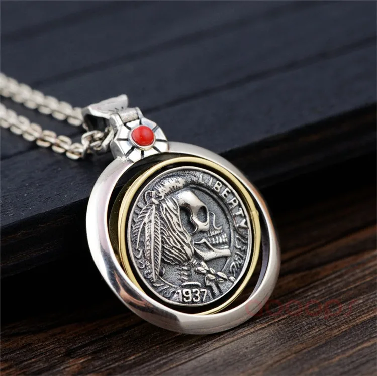 Bicolor 925 Sterling Silver Indian Chief Spinner Pendant for Men Women,Free Shipping