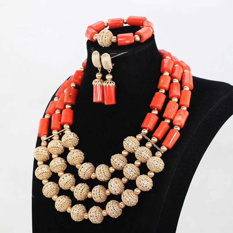 New African Nigerian Beads for Women Traditional African Wedding Original Coral Beads Jewelry Set Dubai Gold Party Bridal ABH669