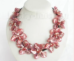 Free shipping baroque handcraft bloom red pearls seashell choker leather necklace j7751