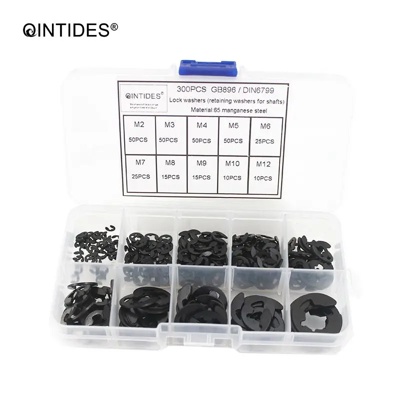 QINTIDES 300pcs/set DIN6799 M2 M3 M4 M5 M6 M7 M8 M9 M10 M12 Stainless Steel Circlip Retainer E-type Buckle-shaped Split Washer