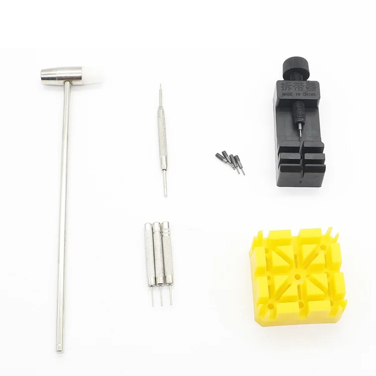 Kit d'outils de réparation durables, 11 pièces, Kit de dissolvant de maillons, marteau, support de bracelet de montre, broches supplémentaires, accessoires de montre pratiques