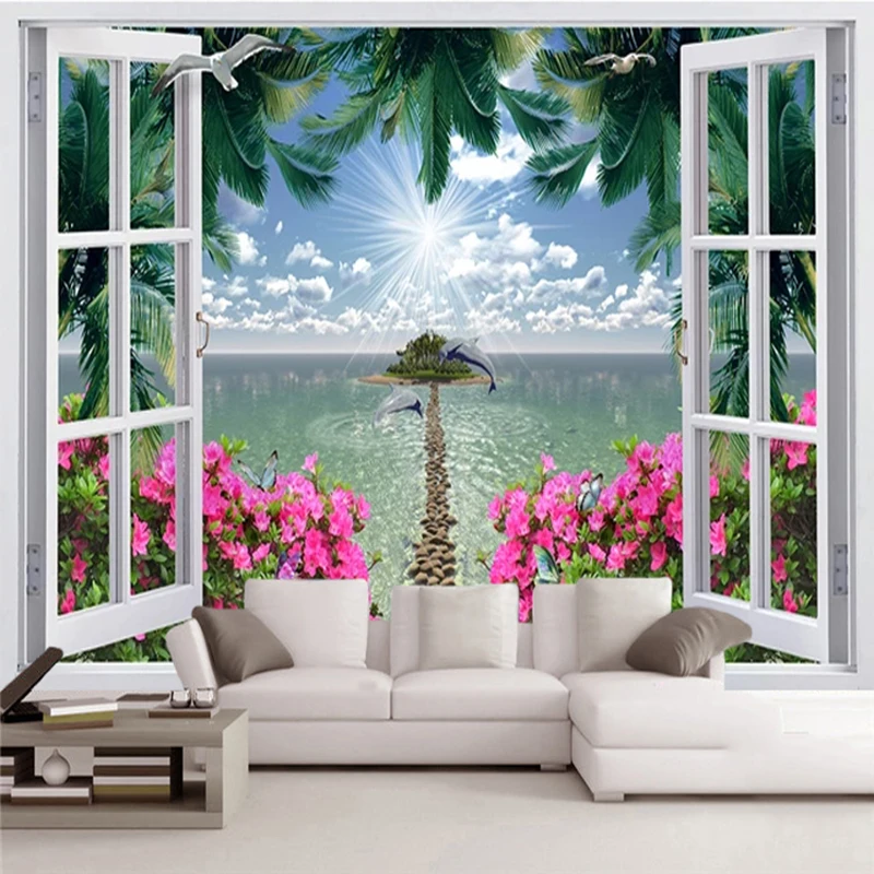 Custom Size Wallpaper 3D Window Coconut Tree Seascape Red Flower Stone Path Photo Wall Murals Living Room Dining Room Stickers