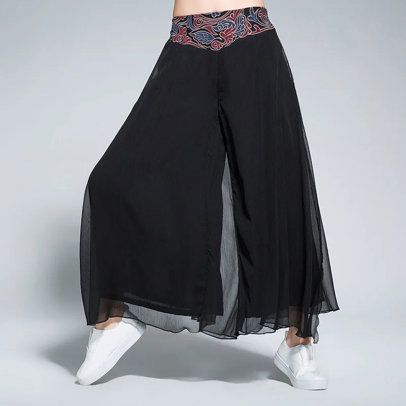 LZJN-Chiffon Palazzo Pants for Women, Wide Leg Culottes, Embroidery, Elastic Waist, Ankle Length, Cropped Trousers, Summer,