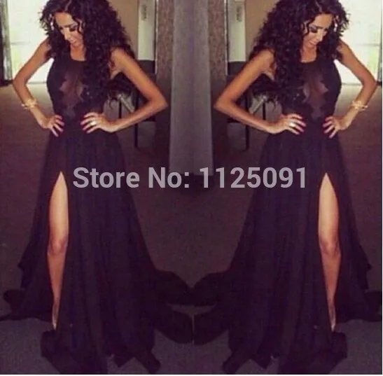 Sexy Long Black bridal Dress Abendkleider Formal Elegant Appliques Chiffon High Slit party Dress To Party Vestido Formatura