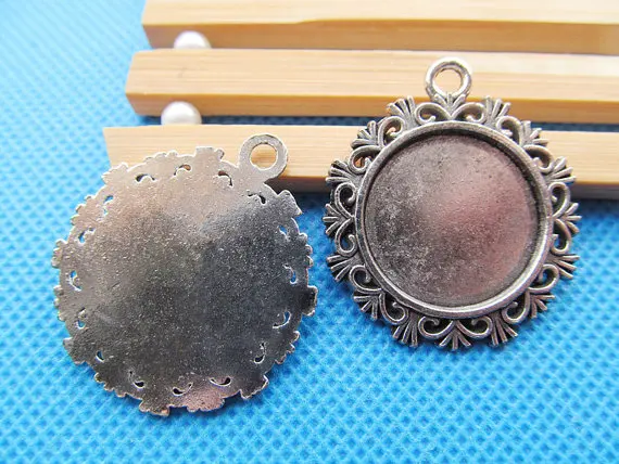 100pcs Antique Bronze/Antique Silver tone Border Round Base Setting Tray Bezel Pendant Charm/Finding,fit 20mm Cabochon/Cameo