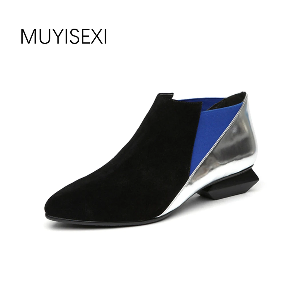 Chelsea Boots Ankle Boots Genuine Leather Sexy Pointed Toe 3cm Irregular Square Heels Slip-On Women\'s boots 34-41 HL003 MUYISEXI