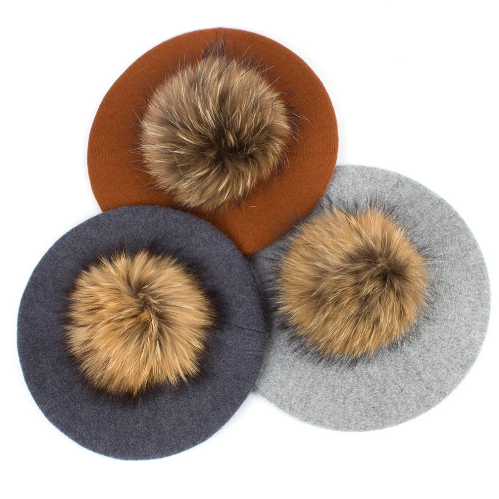 Geebro Women Berets Hat Winter Casual Knitted Wool Berets With Natural Raccoon Fur Pompon Ladies Solid Color Beret Hats GS110