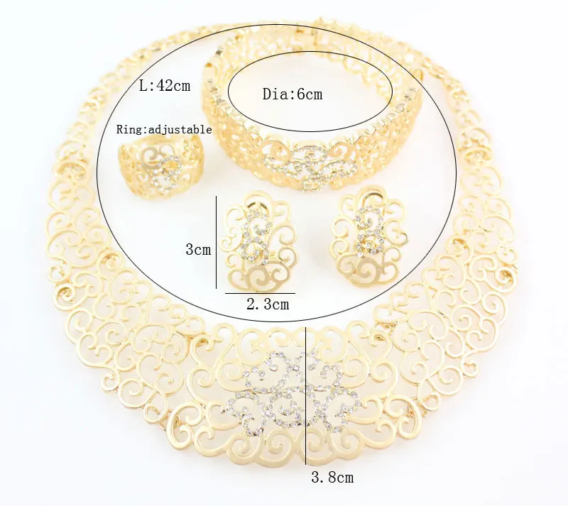 African Costume Jewelry Sets Gold Color Crystal Wedding Women Bridal Accessories nigerian Flower Pattern Necklace Set