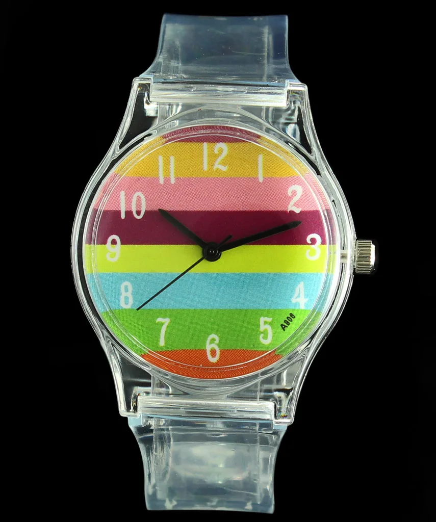 Montre-bracelet multicolore à rayures arc-en-ciel pour enfants, nuages blancs, cercle de dessin animé, transparent, étudiant, sport, garçon, fille,