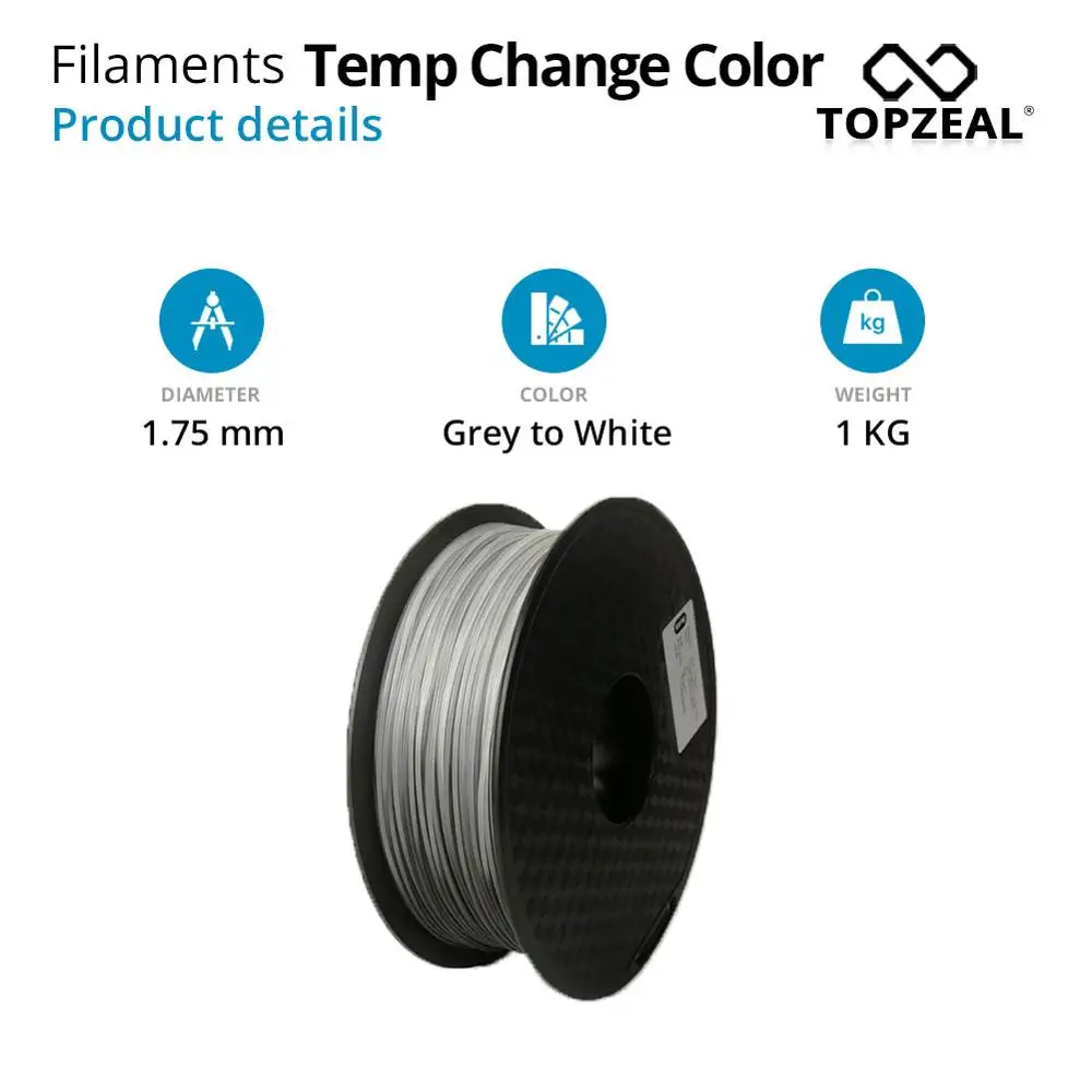 TOPZEAL 3D Printer PLA Filament Temperature Change Color, 1KG Spool, 1.75mm , Grey To White, Dimensional Accuracy +/- 0.05