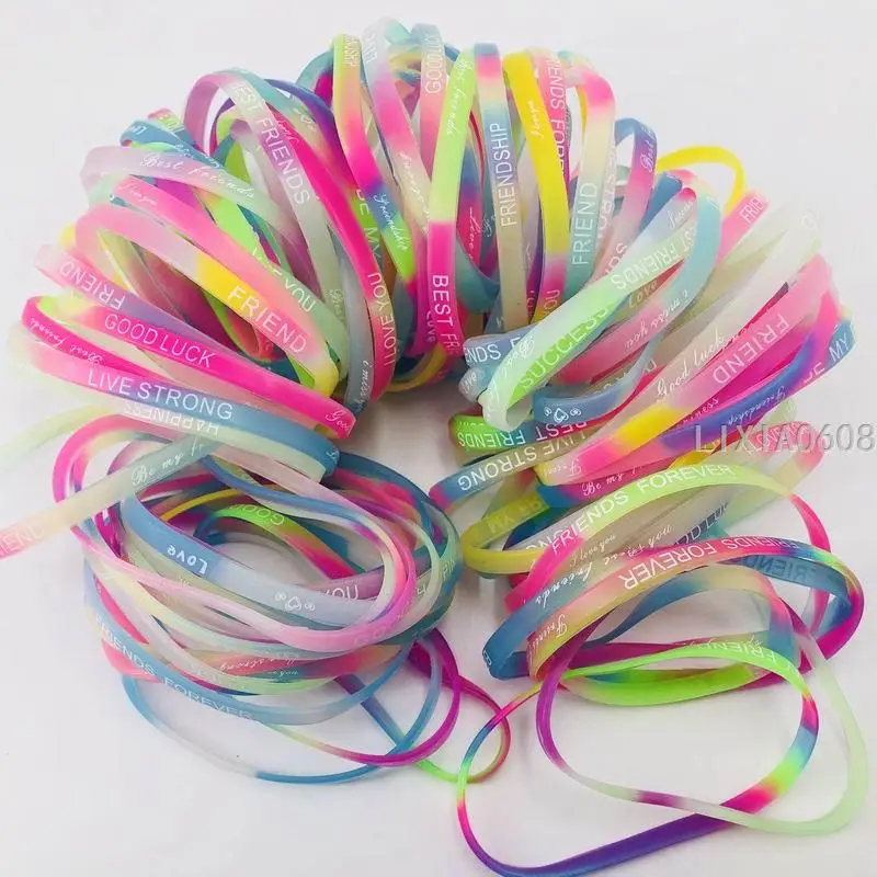 Pack of 200pcs Multicolor Love Friednship Style Wrist Cuff Power Silicone Bracelet elasticity