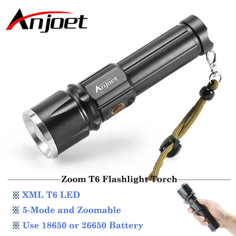 

Anojet Tactical Flashlight XM-T6 LED Torch 5 Modes Zoom Rechargeable Lamp Light Outdoor Camping For 26650 or 18650 Battery