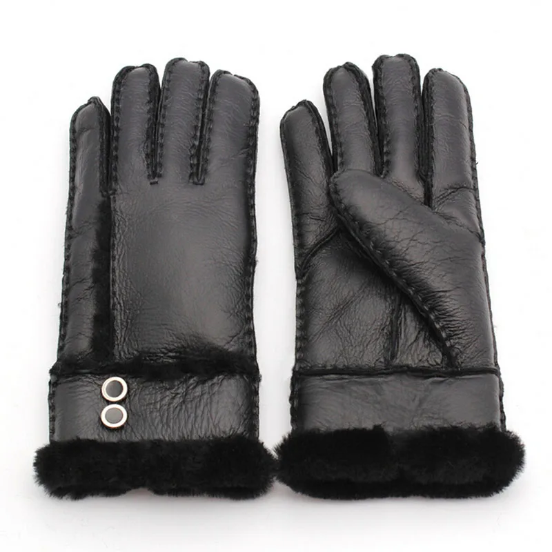 Brand New Women Genuine Leather Gloves Female Outdoor Winter Super Warm Mittens Ladies Real Sheepskin Fur Gloves Solid Wool