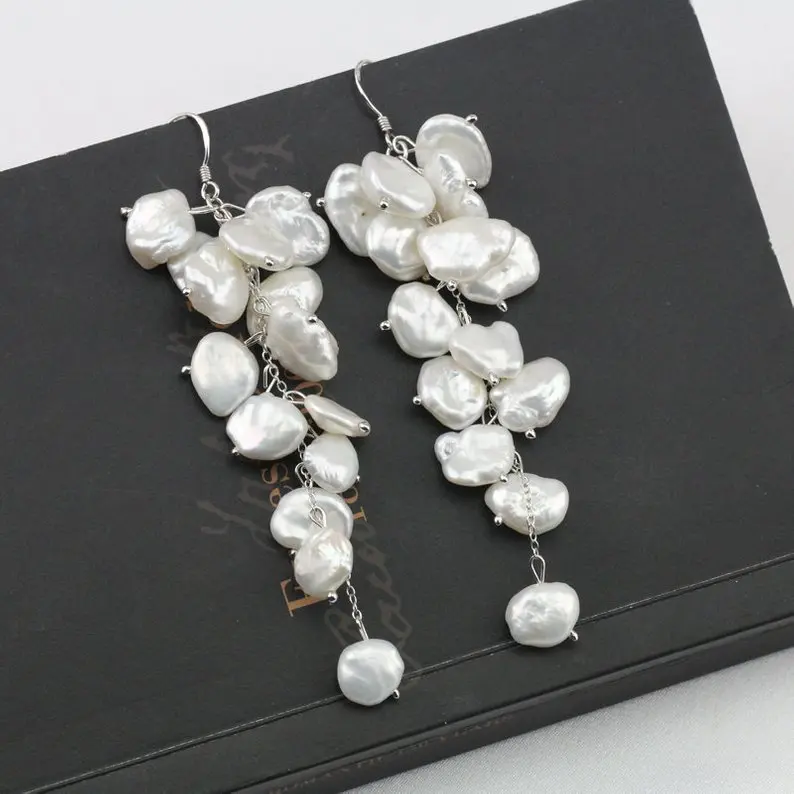 Unique Pearls jewellery Store ,White Long Cluster Biwa Keshi Baroque Pearl Earrings,Handmade Jewelry,Perfect Girl Gift Earring